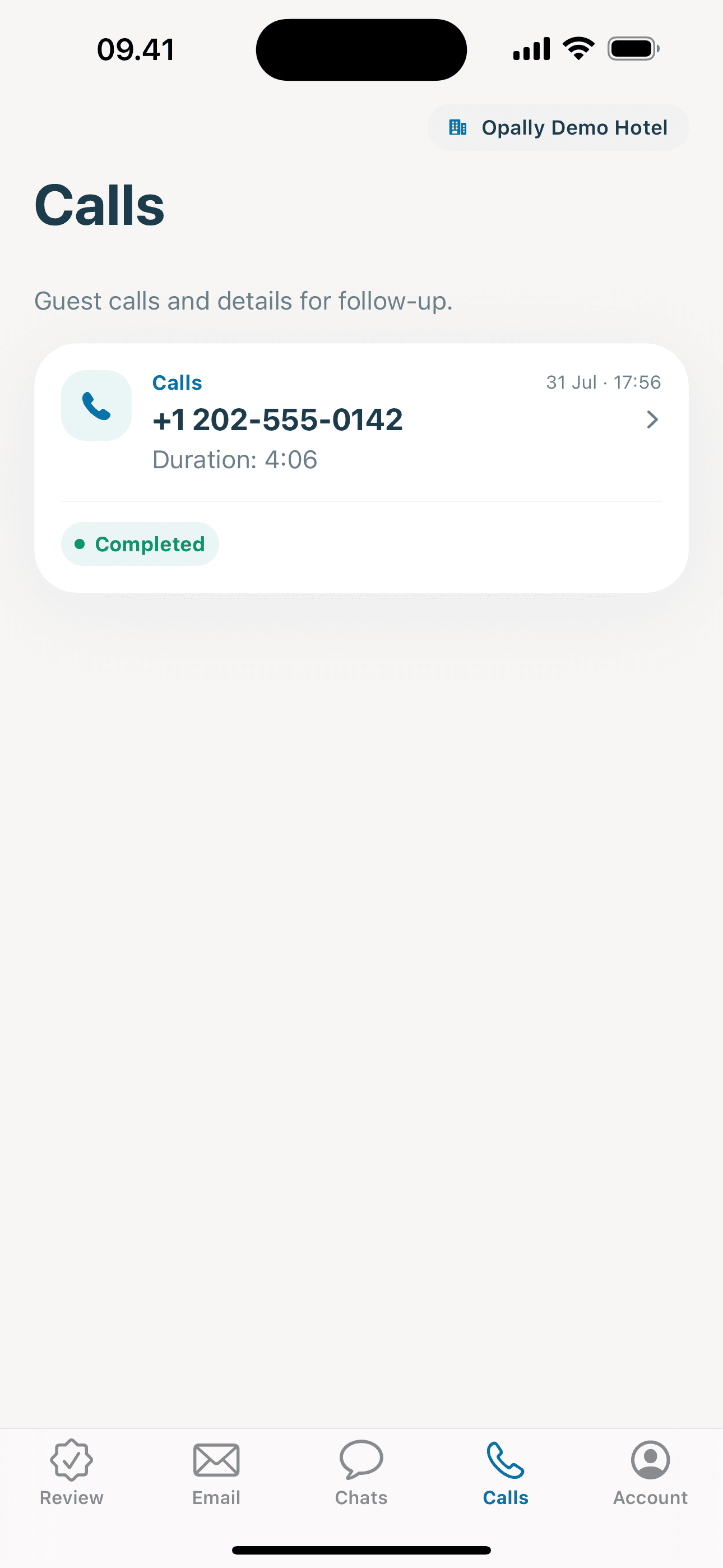 Opally for iPhone showing a review action and guest conversations