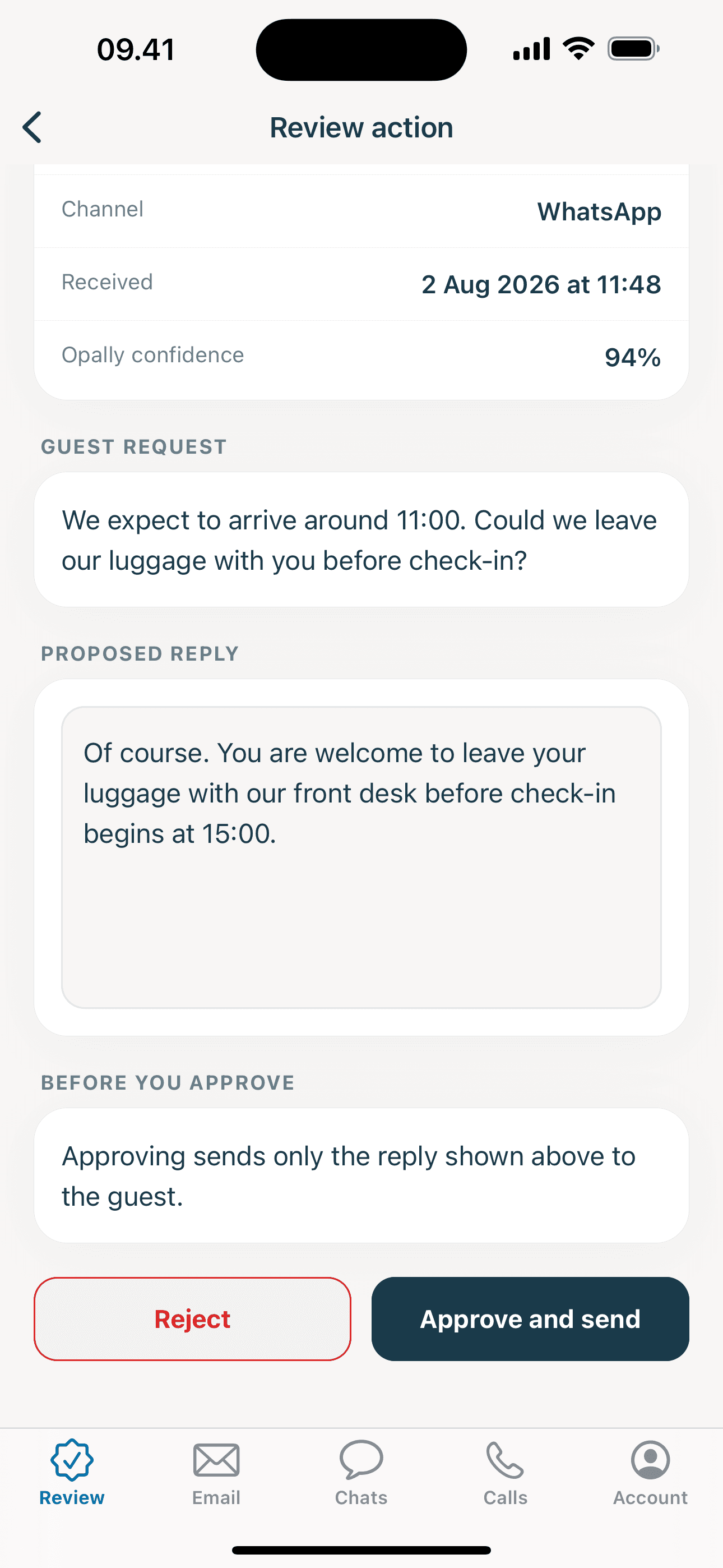 Opally for iPhone showing an agent action, email, and guest conversation