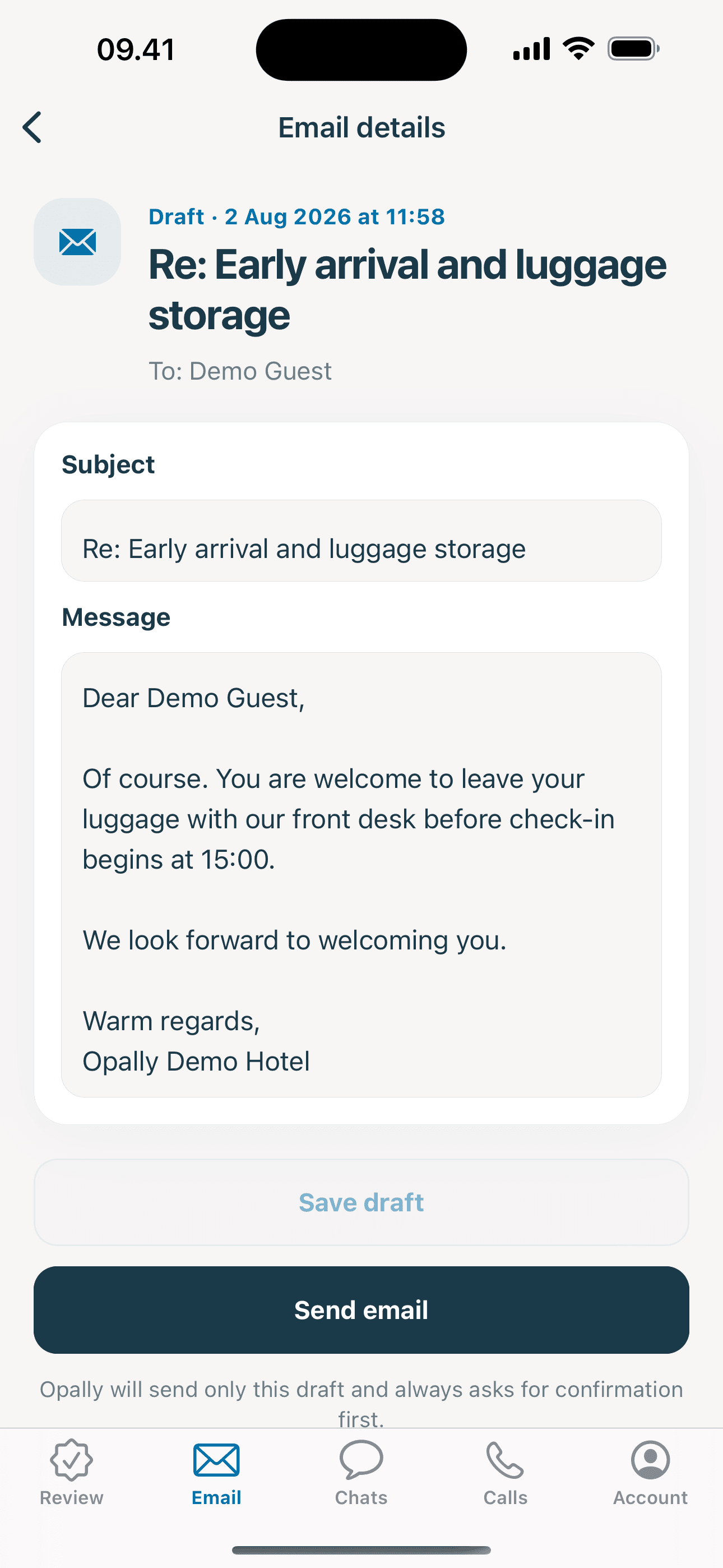 Opally for iPhone showing an agent action, email, and guest conversation