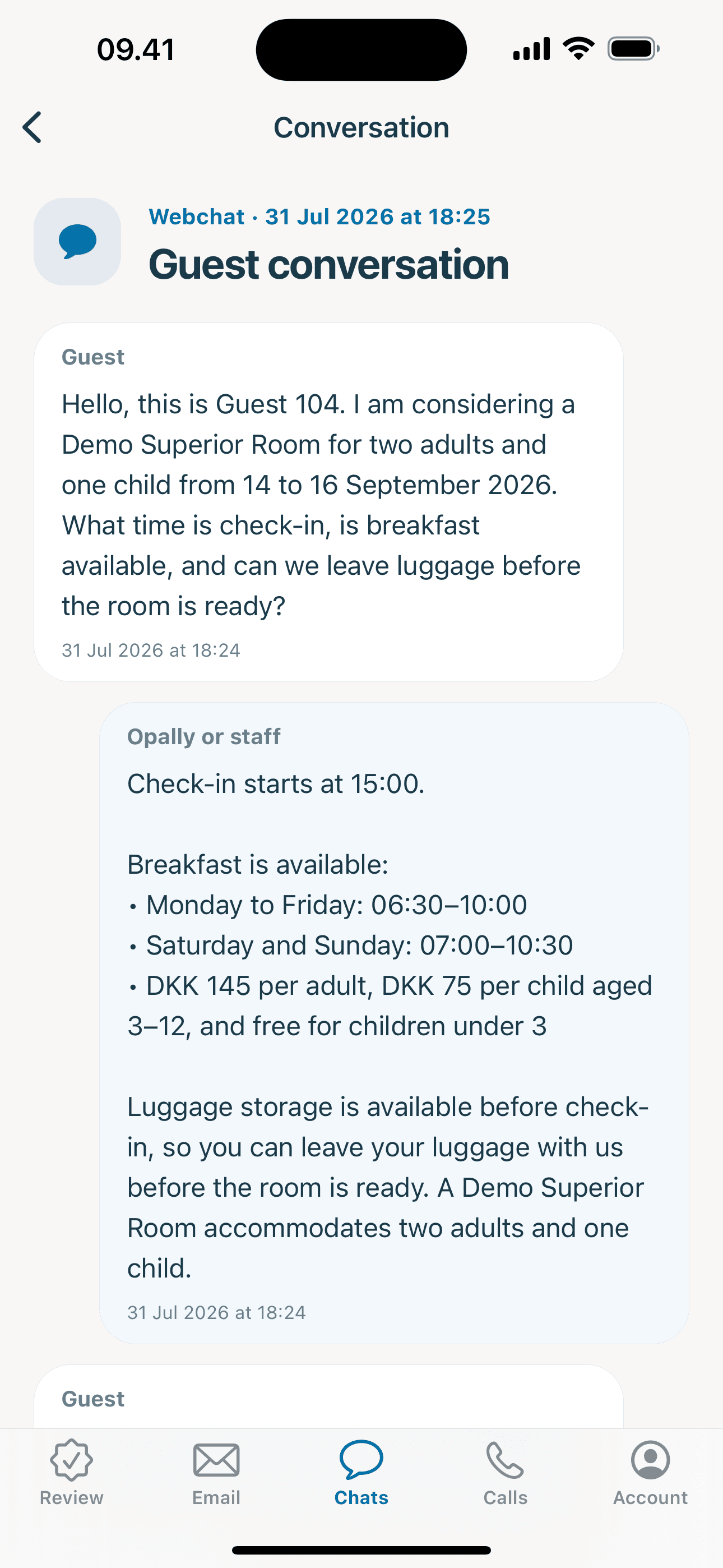 Opally for iPhone showing an agent action, email, and guest conversation